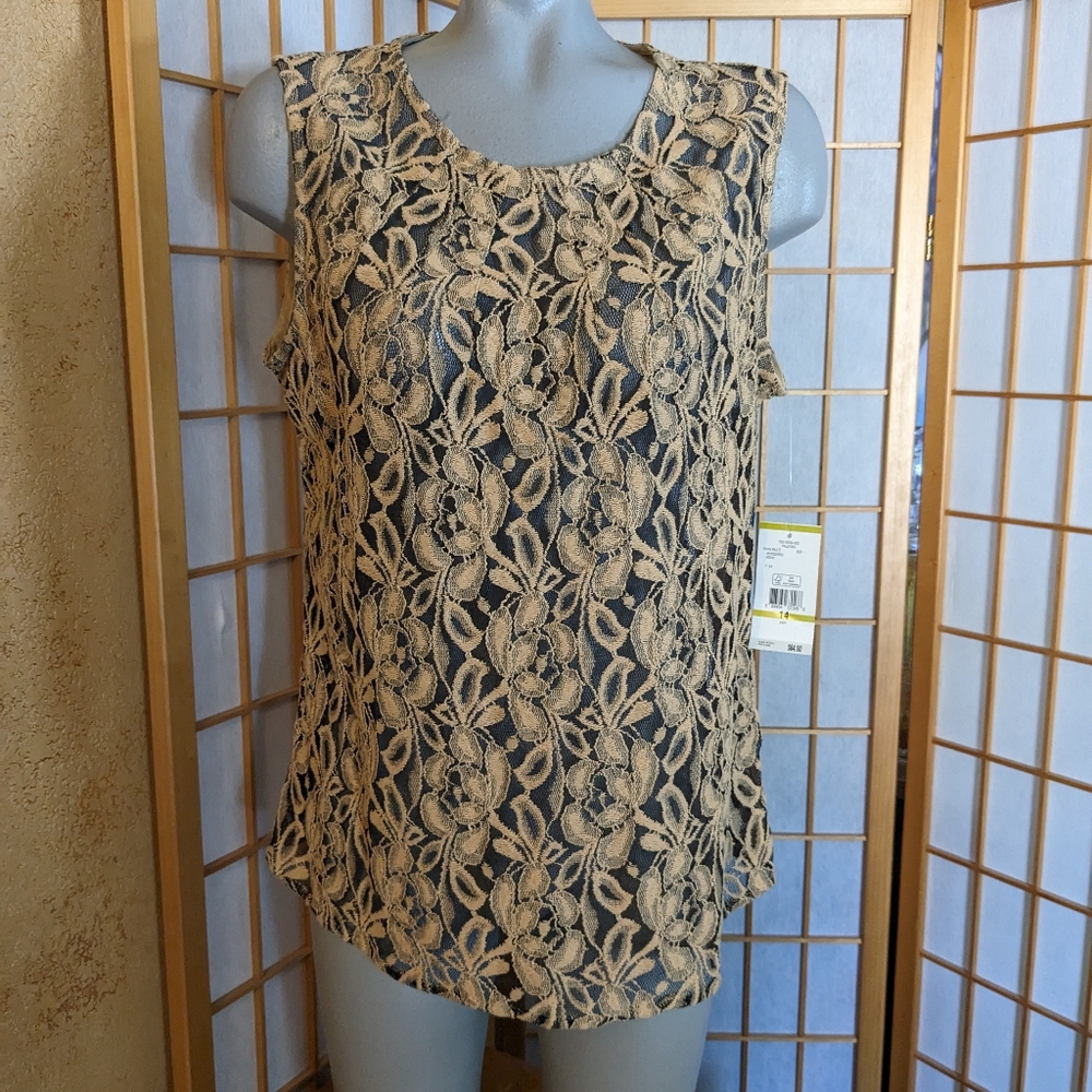 Evan Picone sleeveless top with black lace, size 14, NEW with tags